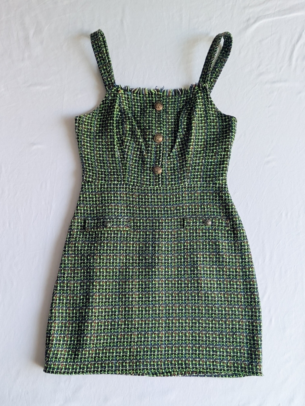 Kingston Green Tweed Sheath Dress S Sleeveless Square Neck Button Zip